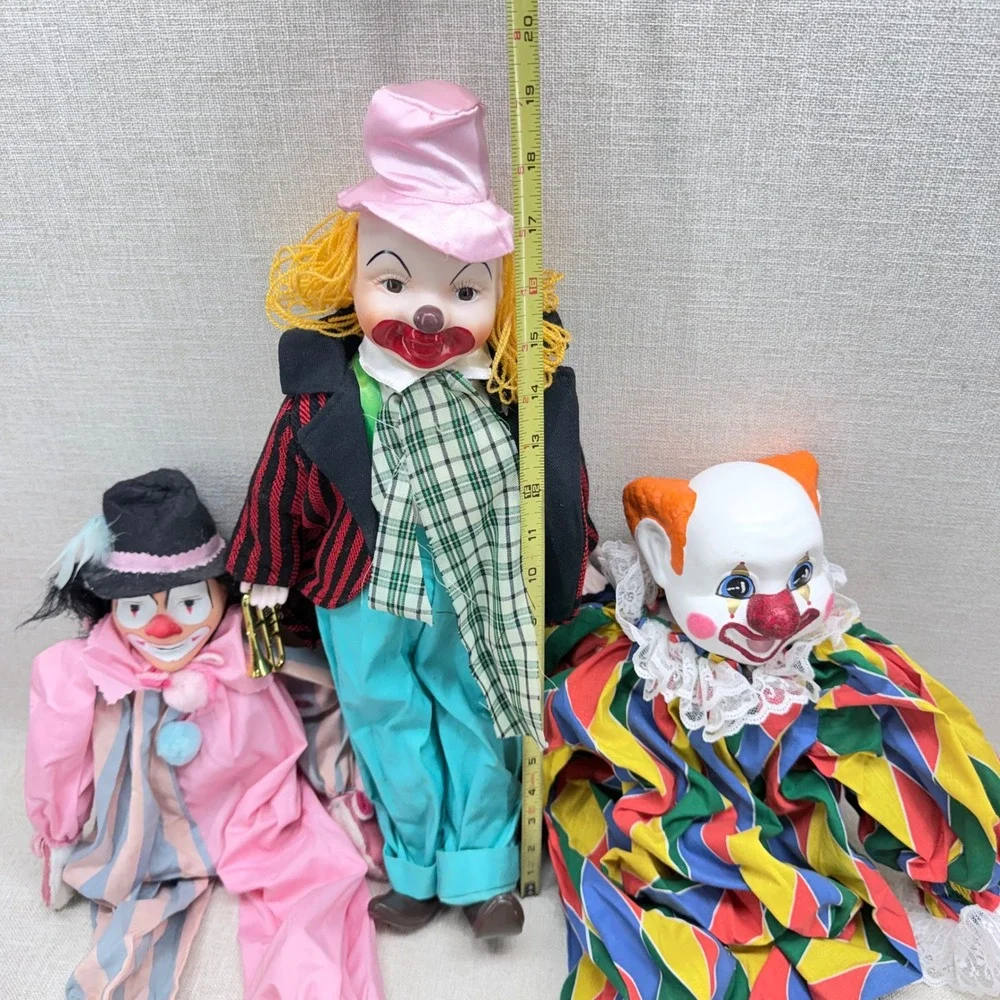 Vintage Clown Doll Lot of 4 Porcelain Ceramic Plastic Circus Decor Mid Century